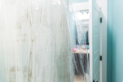 Dark brown mildew mold on plastic interior shower curtain in a light aqua bathroom inside the bathtub and shower area with an open door to the sink area