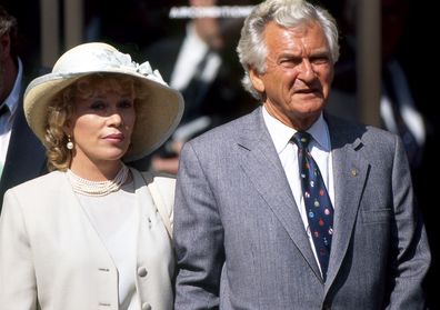 Former Australian Prime Minister Bob Hawke with his wife Blanche d'Alpuget at Moonee Valley Racecourse in Melbourne