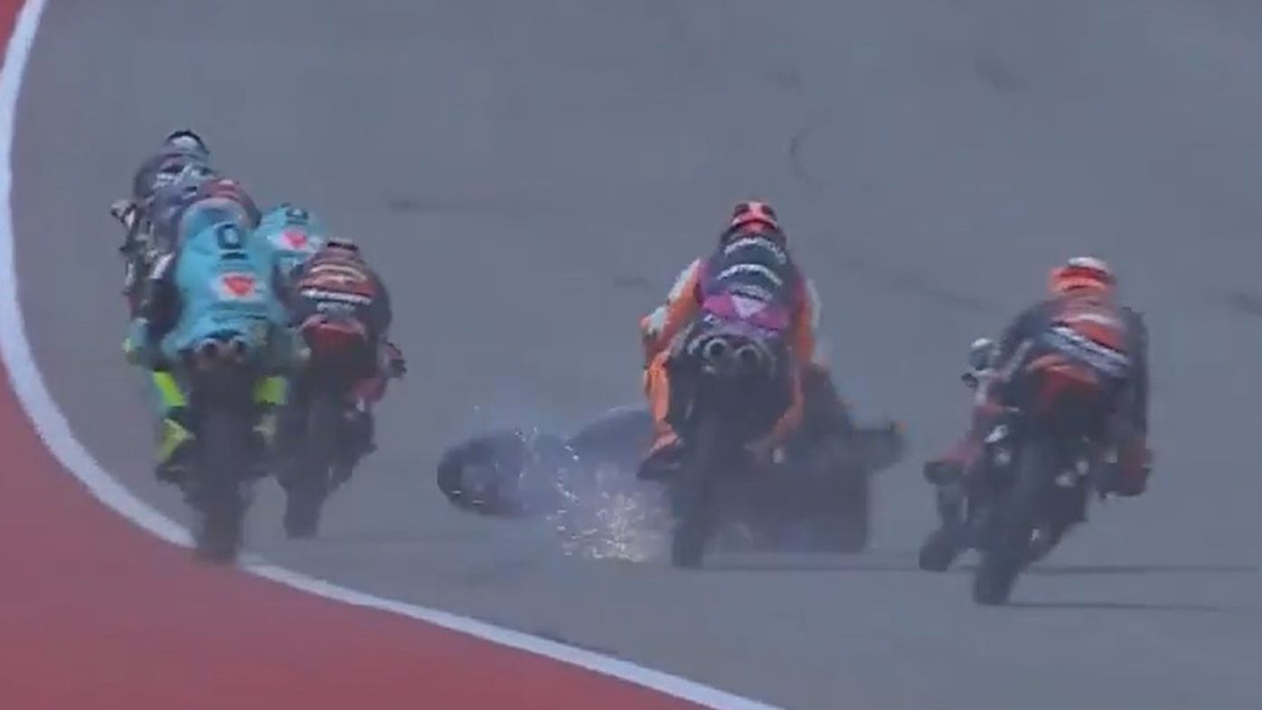 Riders attempt to avoid the fallen bike of Jeremy Alcoba in the Moto3 race in Texas.