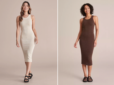 Two models wearing Kim Kardashian dupe dress from Target, one beige, one brown.