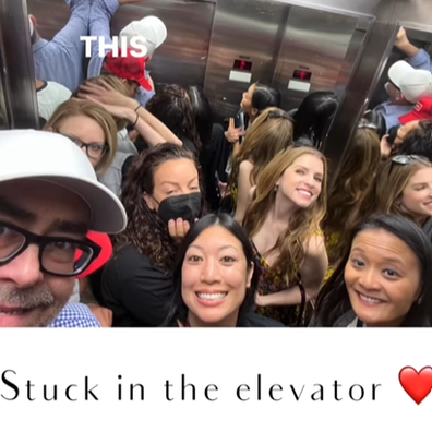 Anna Kendrick's selfie with PR team while stuck in an elevator.
