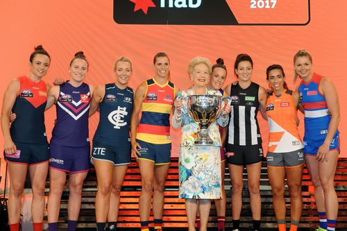 Mrs Alberti (centre) at the launch of AFLW last year. (AAP)