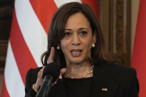 US Vice President Kamala Harris speaks during a joint press conference with Poland's President Andrzej Duda on the occasion of their meeting at Belwelder Palace, in Warsaw, Poland, Thursday, March 10, 2022