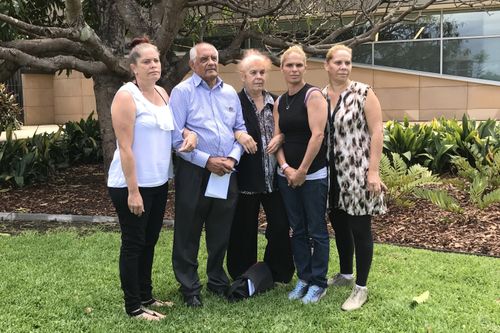 (L-R) Joanne Daley, Gordon Davis, Thelma Davis, Tina Daley and Pauline Daley outside the NSW Supreme Court in Coffs Harbour after reading their victim impact statements today. (AAP)