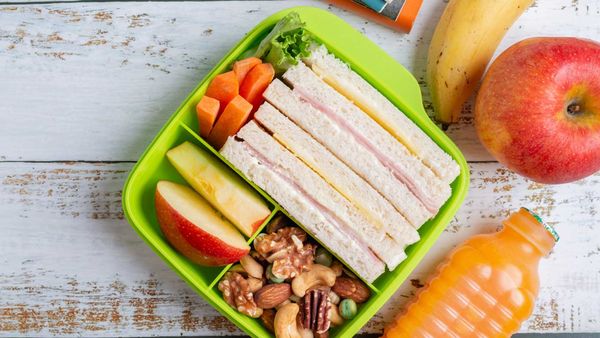 Ham and cheese sandwich in a school lunchbox stock image