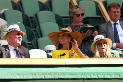 Kate, the Duchess of Cambridge looks on as Nikola Mektic of Croatia and partner Mate Pavic of Croatia play against Matthew Ebden of Australia and Max Purcell of Australia during their Men's Doubles Final match on day thirteen of The Championships Wimbledon 2022 at All England Lawn Tennis and Croquet Club on July 09, 2022 in London, England. 