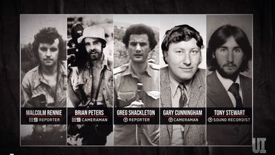 The Balibo Five: Malcolm Rennie, Brian Peters, Greg Shackleton, Gary Cunningham, Tony Stewart.