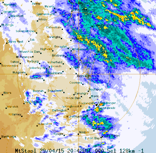 The rainfall over southeast Queensland as of 6.45AM (AEST) Thursday 30 April 2015. (Bureau of Meteorology)