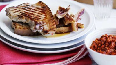 Recipe:&nbsp;<a href="http://kitchen.nine.com.au/2016/05/17/13/18/pork-chops-with-romesco-and-crackling" target="_top" draggable="false">Pork chops with romesco and crackling</a>