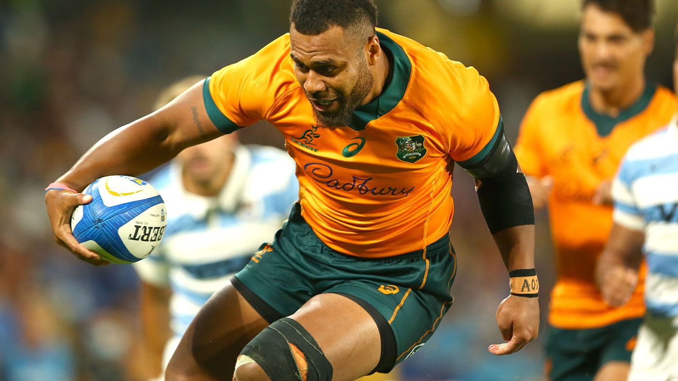Samu Kerevi of the Wallabies runs in for a try during The Rugby Championship match between the Argentina Pumas and the Australian Wallabies at Cbus Super Stadium on October 02, 2021 in Gold Coast, Australia. (Photo by Jono Searle/Getty Images)