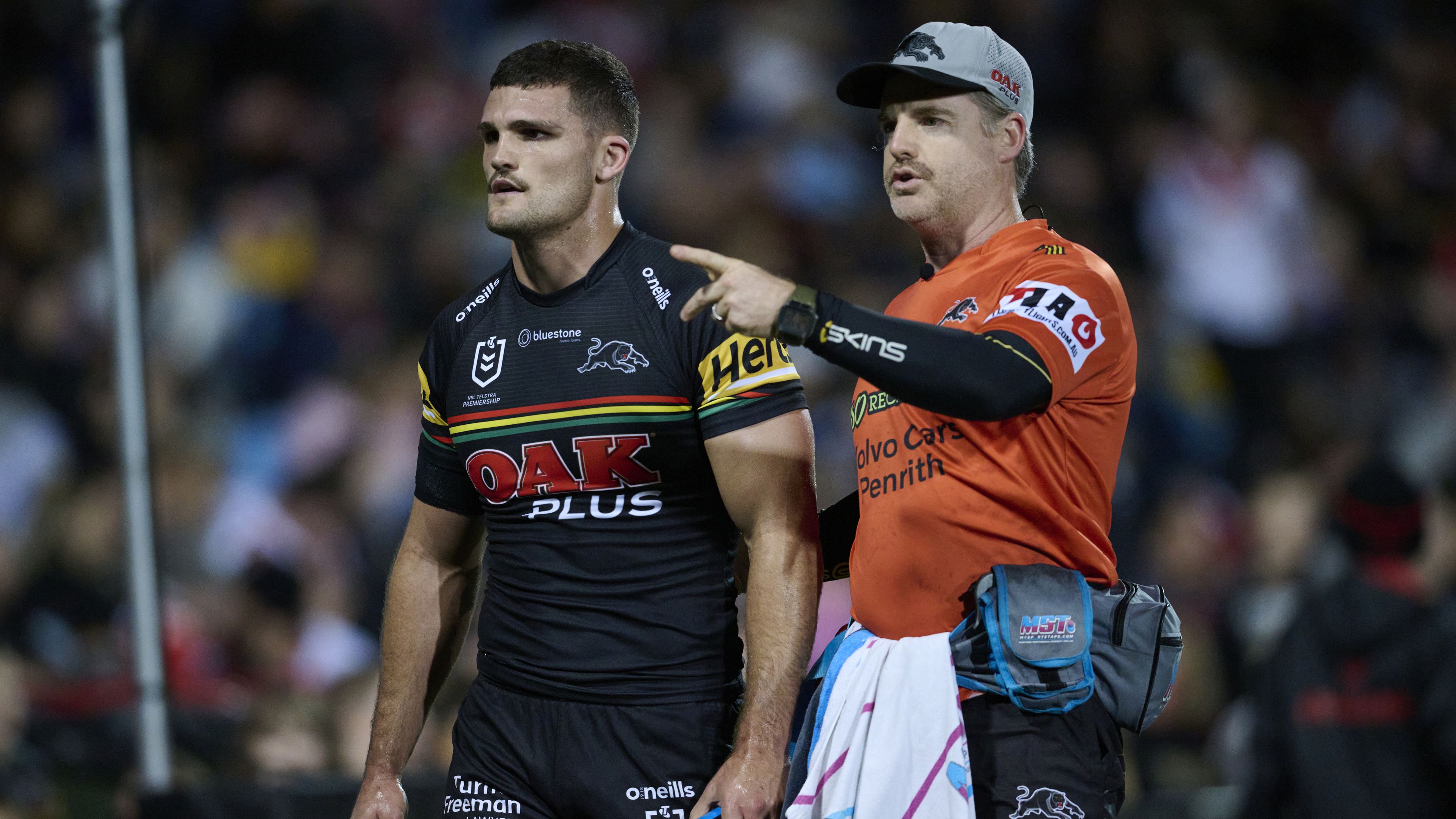 Penrith halfback Nathan Cleary was injured against the Dragons.