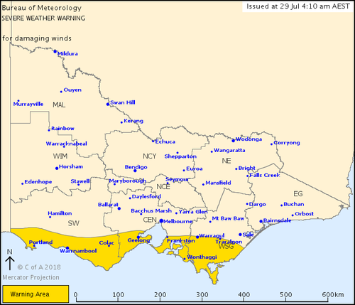 Winds peaking as high as 100km/h also descended upon Central, South West and West/South Gippsland districts in Victoria. Picture: BOM