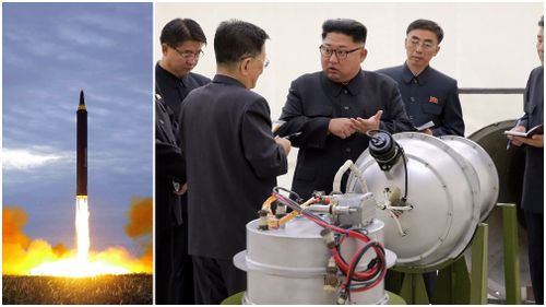 A photo (L)  distributed on Aug. 30, 2017, by the North Korean government shows what was said to be the test launch of a Hwasong-12 intermediate range missile in Pyongyang and (R) Kim Jong-un inspects a missile. (AAP)