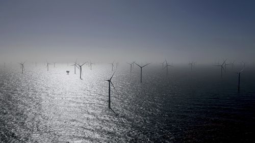 Numerous wind turbines, including some from RWE's new Kaskasi offshore wind farm, can be seen during the commissioning of the wind farm off Helgoland, Germany, Thursday March 23, 2023. (Christian Charisius/Pool via AP)
