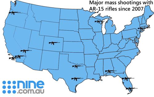 Places in America where an AR-15 or similar rifle was used in a major mass shooting.