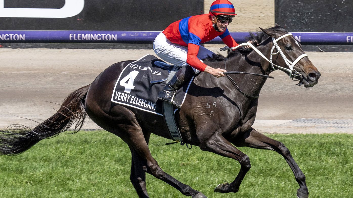 Verry Elleegant (NZ) ridden by James McDonald wins the Lexus Melbourne Cup at Flemington Racecourse on November 02, 2021 in Flemington, Australia