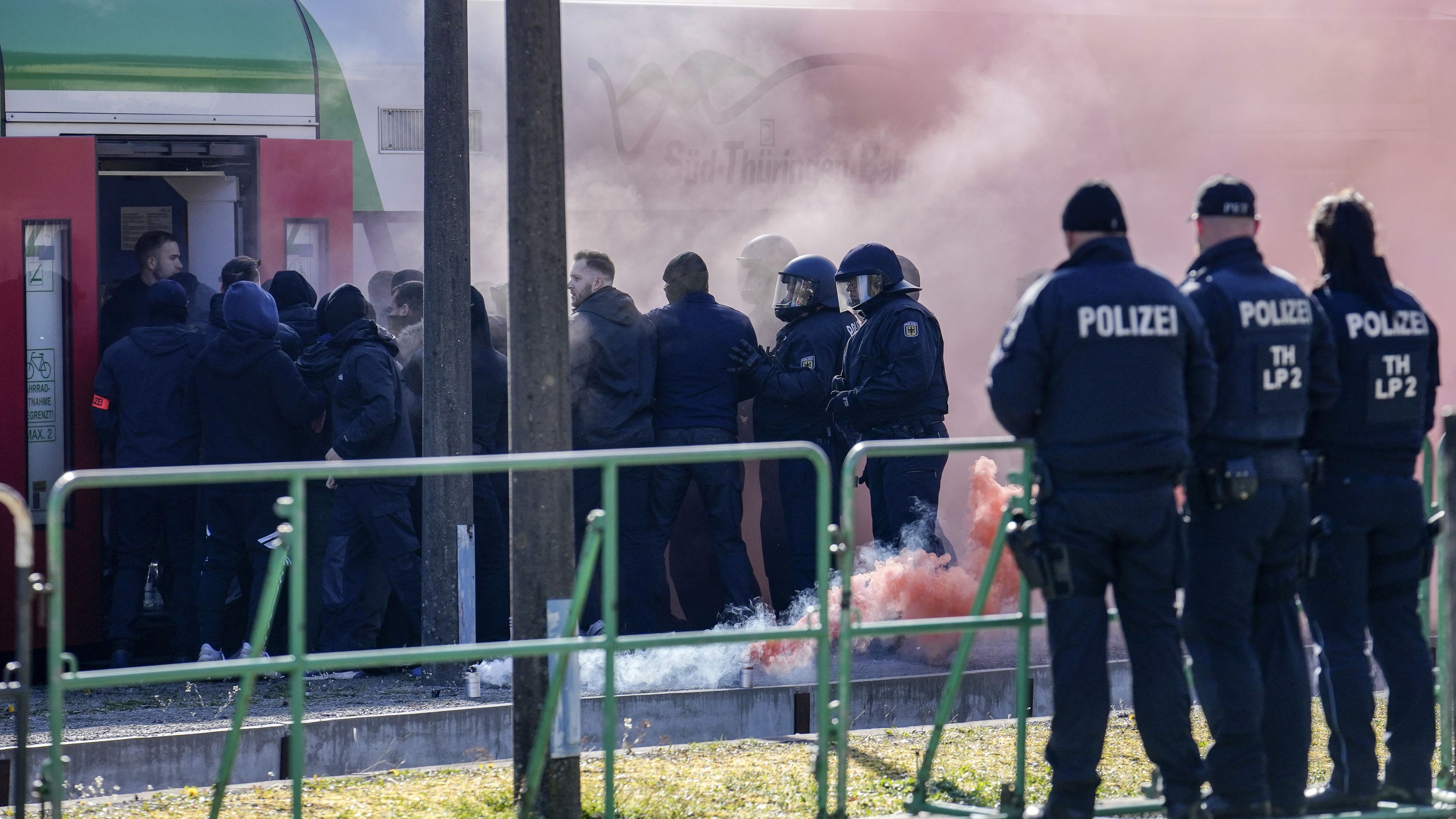 Hundreds of German local state police and federal police practice tactics in preparation for the European Championship in the village of Stützerbach.