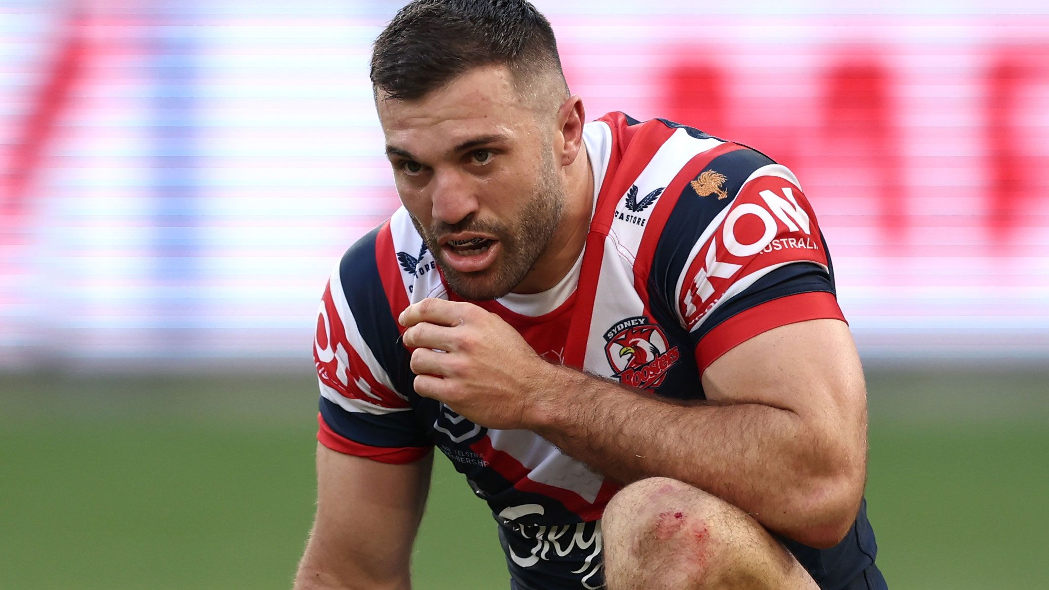 James Tedesco looks rattled after copping a high shot in the Roosters&#x27; elimination final loss to the Rabbitohs.