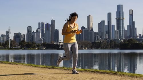 People exercising at Albert Park Lake  in Melbourne