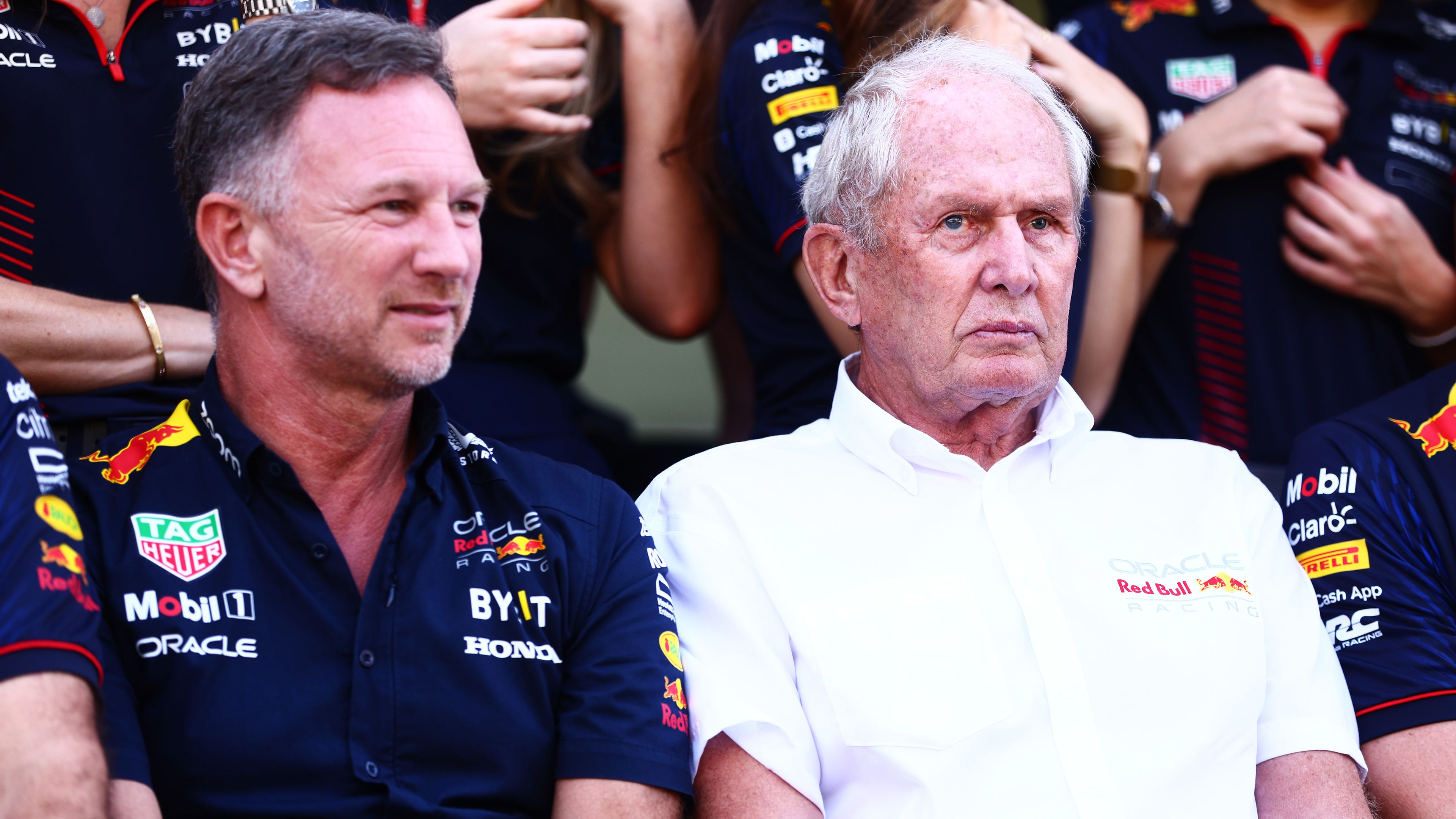 Red Bull Racing Team Principal Christian Horner and Red Bull Racing Team Consultant Dr Helmut Marko pose at the Red Bull Racing Team Photo prior to the F1 Grand Prix of Abu Dhabi at Yas Marina Circuit on November 26, 2023 in Abu Dhabi, United Arab Emirates. (Photo by Clive Rose/Getty Images)