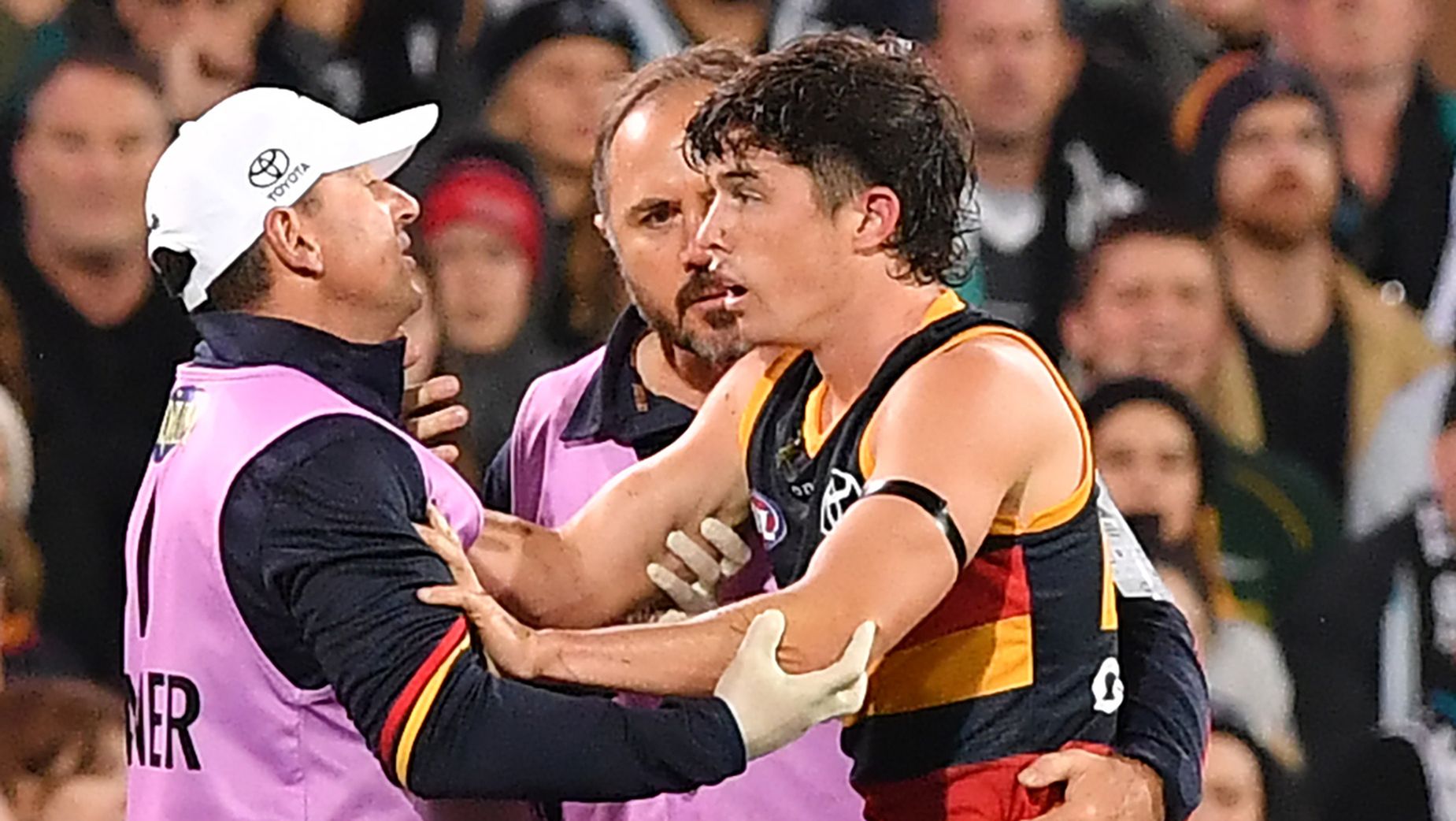 Ned McHenry of the Crows is attended to by a trainer after sustaining a knock to the head.
