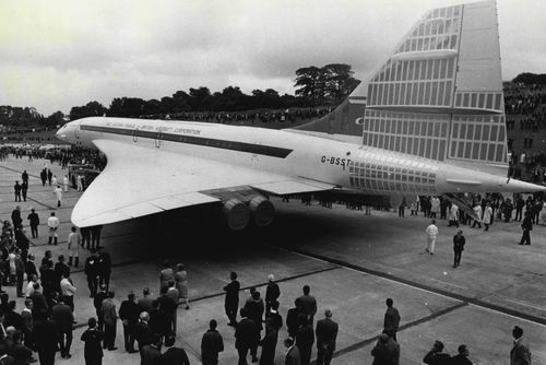 Concorde Britain's Supersonic Liner Of The "Seventies" -- Concorde, often described as the aircraft of tomorrow, is scheduled to make its maiden flight late in 1968. The first prototypes will fly from airports in Britain and France. This graceful and distinctive jetliner, the first supersonic aeroplane to be ordered by the world's airliners, is the joint achievement of British and French aircraft engineers. The four Bristol/Snecma 593 engines of the British Concorde when it was first roleld-out 