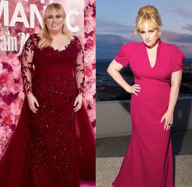 Rebel Wilson pictured in 2019 at 'Isn't it Romantic' premiere, and in 2020 after weight loss at the Nouveau Musée National Monaco Miro exhibition