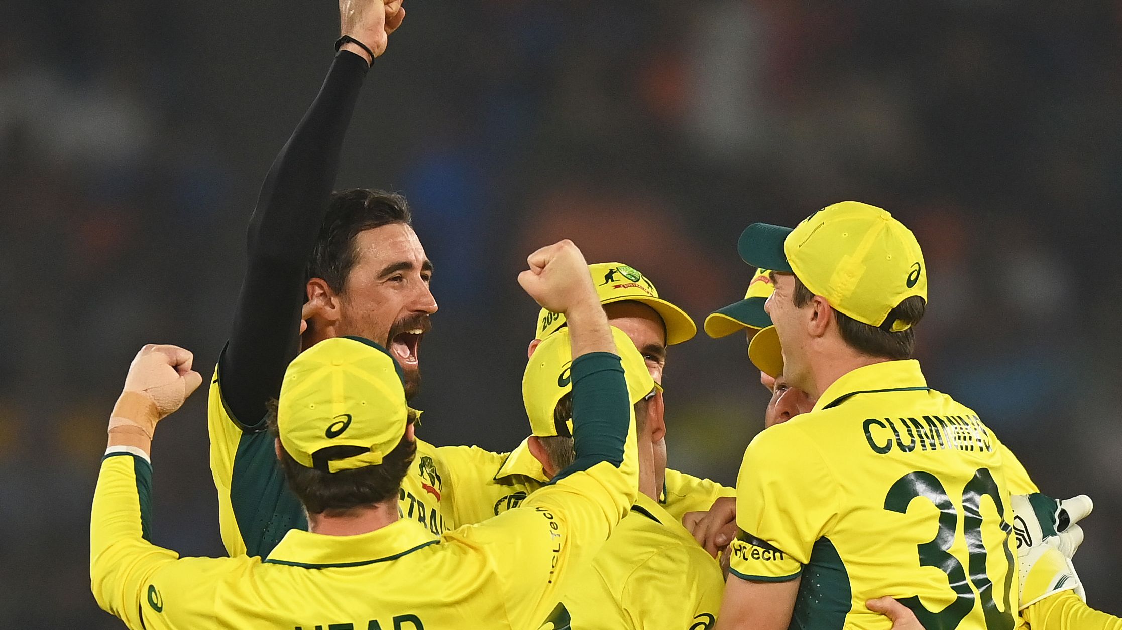 Mitchell Starc celebrates a wicket during Australia&#x27;s Cricket World Cup match against England.