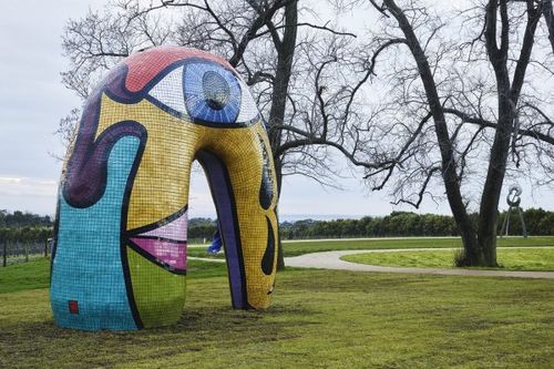 The Sculpture Park features dozens of large-scale artworks, including this eye-catching mosaic piece by Victorian Deborah Halpern. (Point Leo Estate)