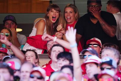 Taylor Swift reacts during the first half of a game between the Chicago Bears and the Kansas City Chiefs - Travis Kelce's team - on September 24, 2023 in Kansas City, Missouri. Pictured here with his mother.