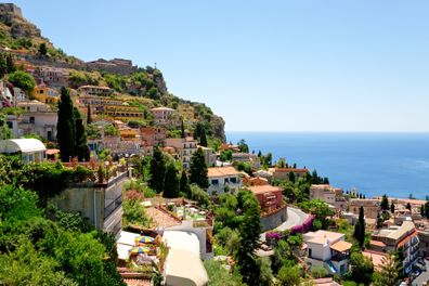 view on town Taormina from Castelmola, Sicily, Italy