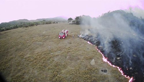 In this Aug. 20, 2019 drone photo released by the Corpo de Bombeiros de Mato Grosso, brush fires burn in Guaranta do Norte municipality, Mato Grosso state, Brazil. (Corpo de Bombeiros de Mato Grosso via AP)