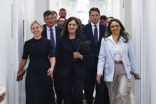 A senadora Jessica Collins, o ministro-sombra da Defesa Angus Taylor, a senadora Sarah Henderson, o membro do Canning Andrew Hastie, a senadora Jacinta Nampijinpa Price, juntamente com outros deputados e senadores liberais, chegam para uma reunião na sala do partido liberal, na Casa do Parlamento em Canberra, na quarta-feira, 12 de novembro de 2025.