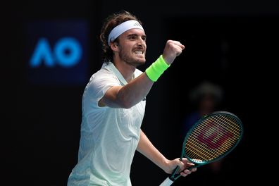 Stefanos Tsitsipas of Greece celebrates a point in their round three singles match against Luca Van Assche of France during the 2024 Australian Open at Melbourne Park on January 19, 2024 in Melbourne, Australia. (Photo by Daniel Pockett/Getty Images)