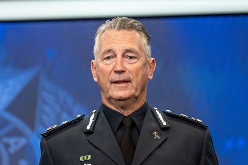 The Age, News, 27/08/2025, photo by Justin McManus. Chief Commissioner Mike Bush updating media on the killing of two police officers at Porepunkah and the search for the perpetrator.

