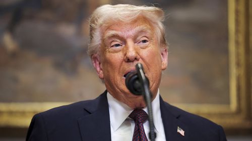 President Donald Trump delivers remarks in the Roosevelt Room at the White House in Washington, Monday, March 24, 2025. (Pool via AP)