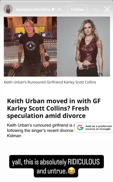 Singer Karley Scott Collins addresses rumours she's dating Keith Urban