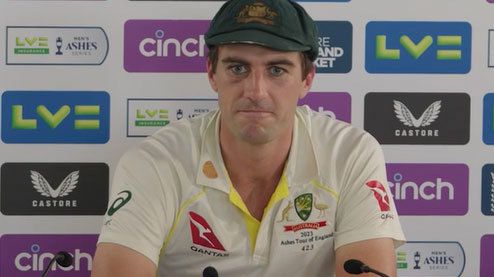 Pat Cummins addresses the media at a press conference following Australia&#x27;s third Test loss at Headingly.
