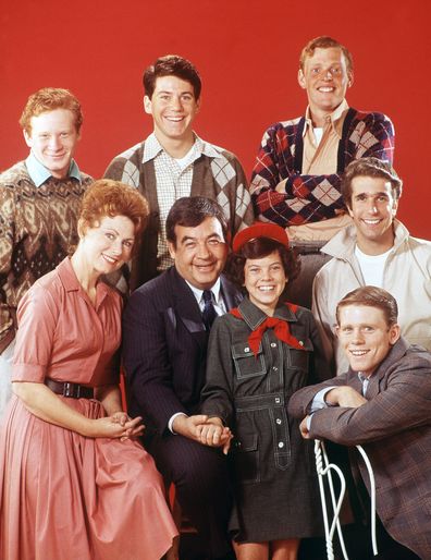 Happy Days tells the story of the Cunninghams, one of America's most beloved TV families played by Marion Ross (Marion), Tom Bosley (Howard), Erin Moran (Joanie), and Ron Howard (Richie), and Richie's friends Donny Most (Ralph), Anson Williams (Potsie), Gavan O'Herlihy.