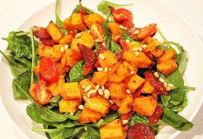 Recipe: <a href="/recipes/ipumpkin/9059988/liliana-battles-roasted-pumpkin-tomato-salami-and-pine-nut-salad'" target="_top">Roasted pumpkin and salami salad</a>
