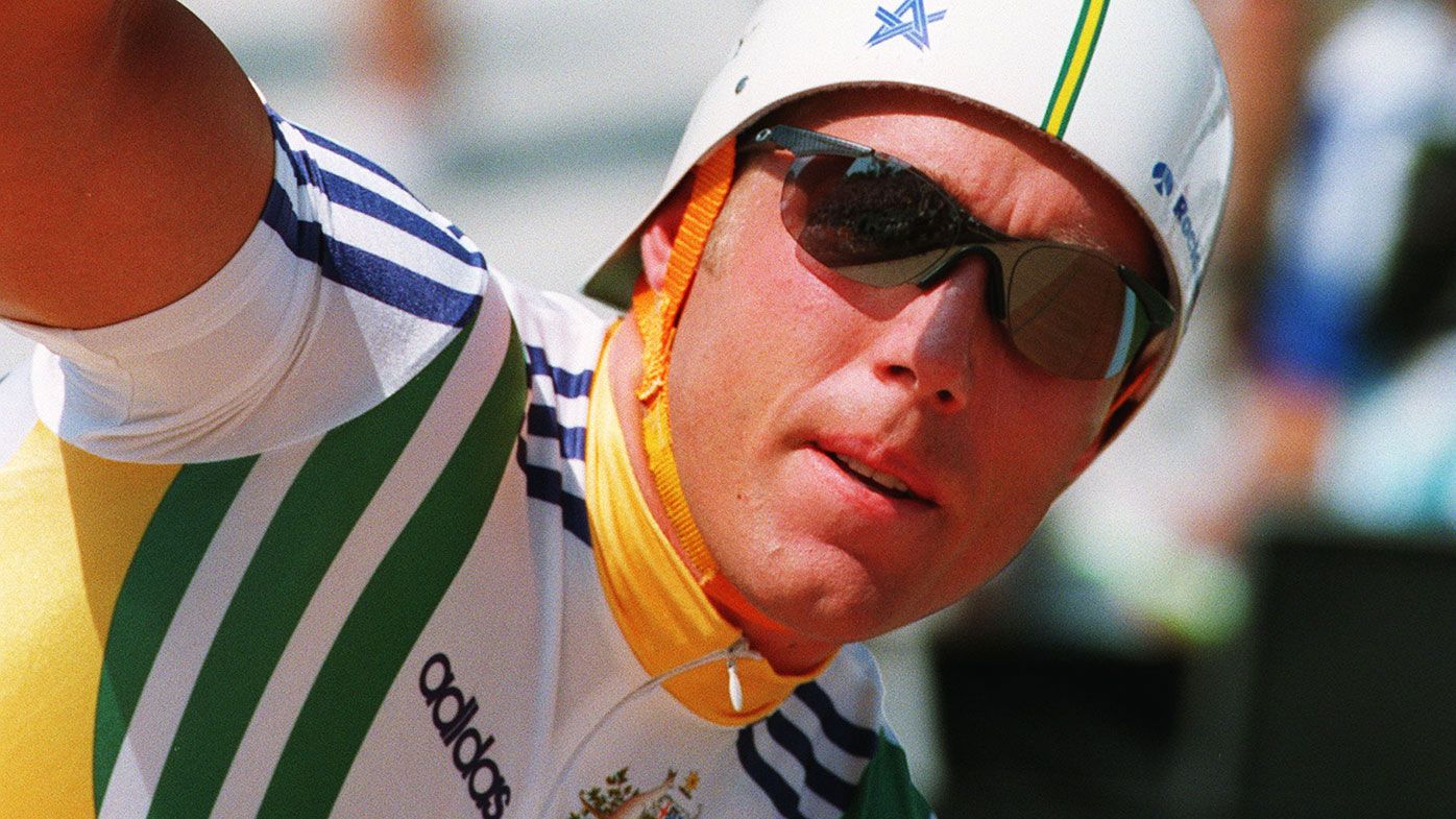 Shane Kelly immediately after his foot slipped out of the pedal at the start of the men&#x27;s time trial at the 1996 Atlanta Olympics.