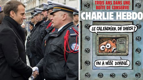 French President Emmanuel Macron at the commemoration in Paris yesterday and the current front cover of Charlie Hebdo. (Photos: AP).