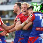 Kalyn Ponga rushes to congratulate Knights teammates after a try against the Canberra Raiders.