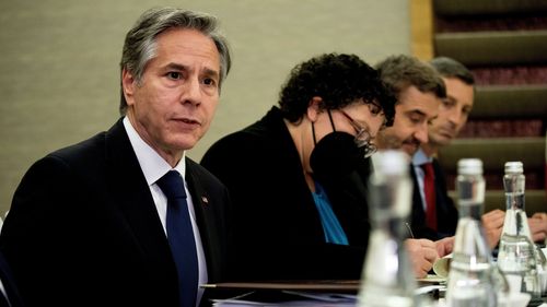 US Secretary of State Antony Blinken meets with Argentine Foreign Minister Santiago Cafiero during the G-20 Foreign Ministers Summit in Nusa Dua, on Indonesia's resort island of Bali Friday, July 8, 2022. (Stefani Reynolds/Pool Photo via AP)