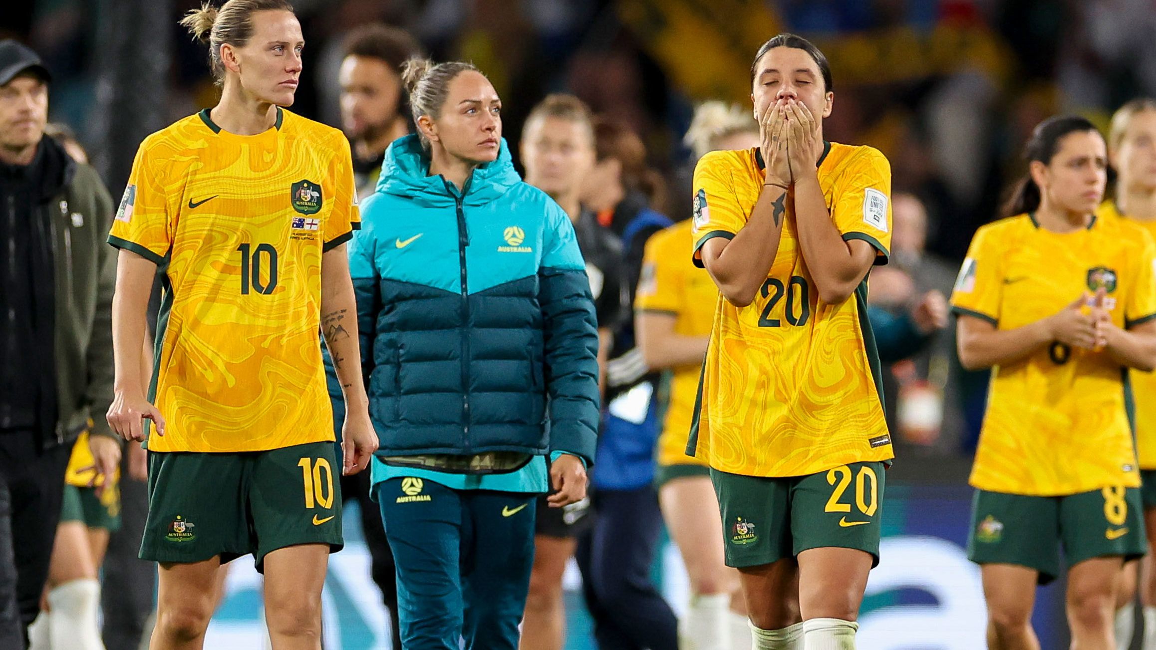 Matildas forwards Emily van Egmond and Sam Kerr are devastated after their fate is sealed in a heartbreaking loss to England.