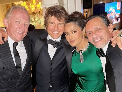 Salma Hayek, Francois-Henri Pinault, Tom Cruise and Marc Anthony pose for photo at Victoria Beckham's 50th birthday.