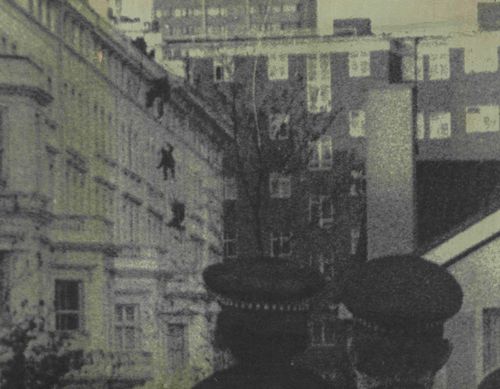 SAS soldiers abseil down the Iranian embassy building in London.