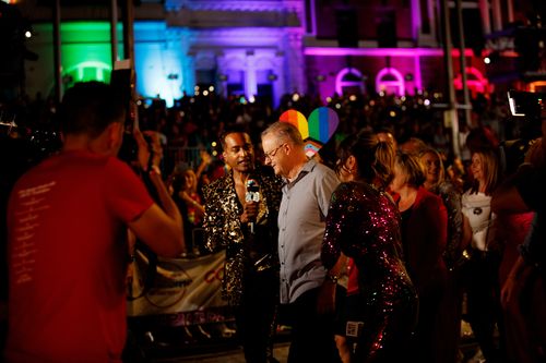 Prime Minister Anthony Albanese takes part in the 45th annual Gay and Lesbian Mardi Gras parade in Sydney, March 25, 2023. 