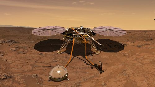 An artist's rendition of the InSight lander operating on the surface of Mars