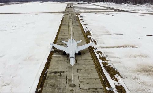 Two long-range Tu-22M3 bombers of the Russian Aerospace Forces prepare to takeoff for patrolling in the airspace of Belarus during the Union Courage-2022 Russia-Belarus military drills in Belarus. 